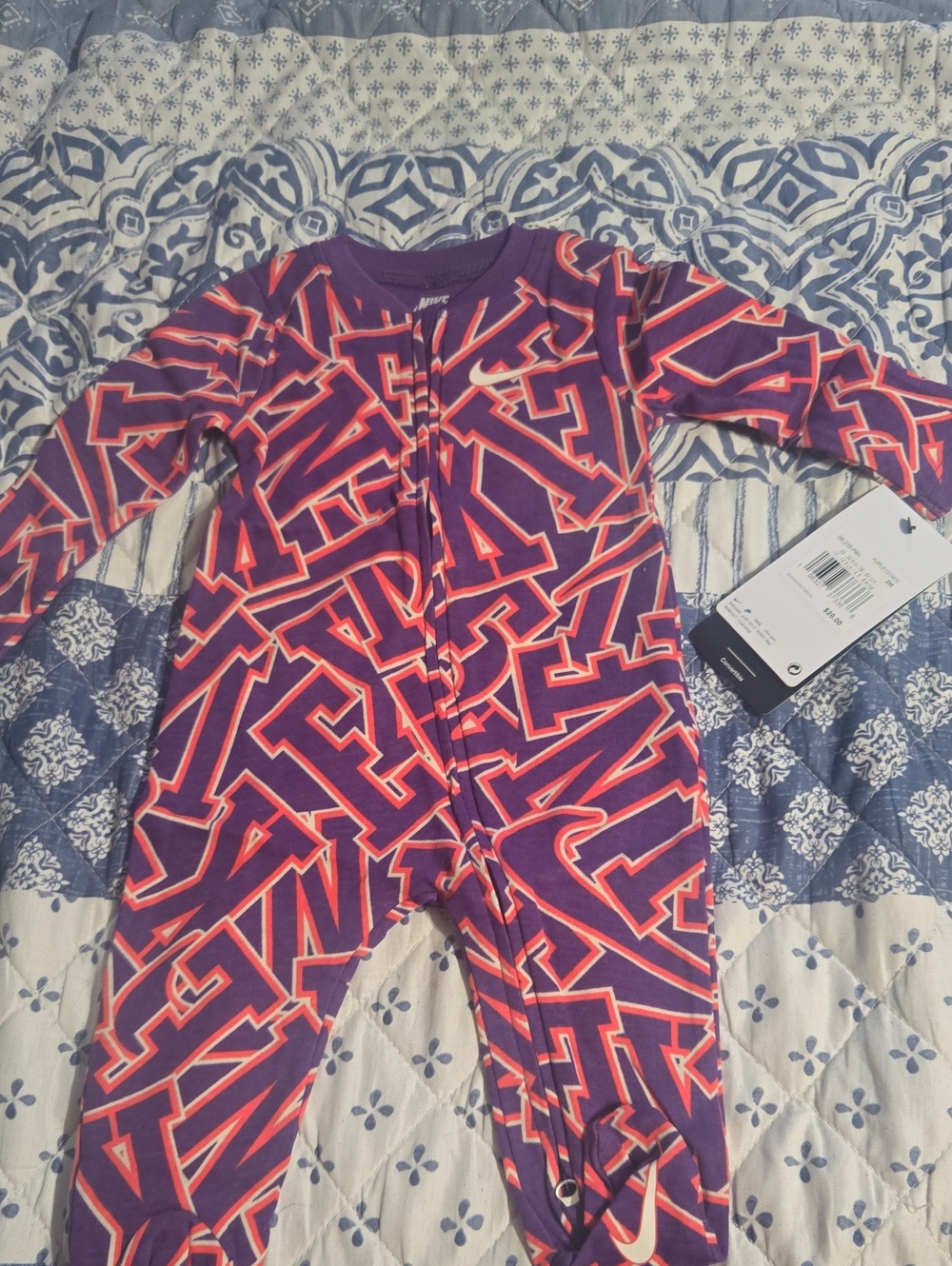 Nike Purple Footie One-Piece with Pink Logo Print